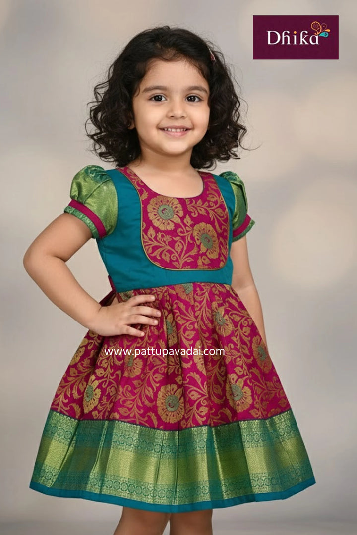 PureSilkFrock_Pink_RamaGreen_KanchipuramSilkPartyWearforBabyGirls_1