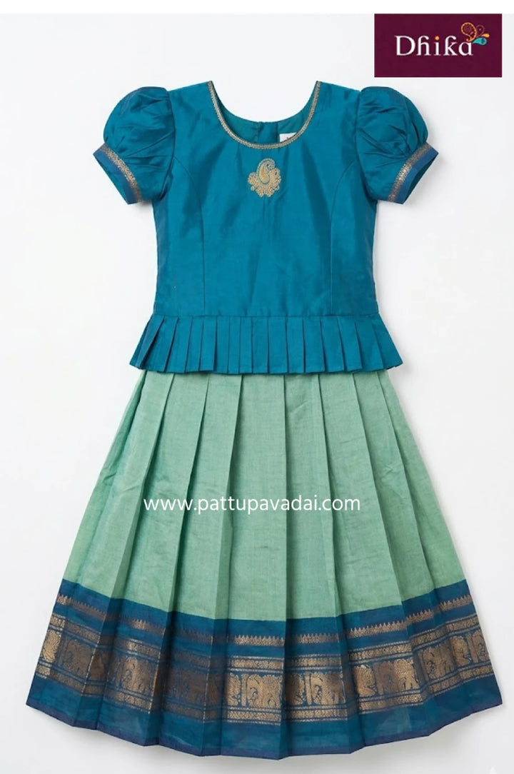 Pure Chettinad Cotton Peacock Blue Pavadai Sattai – Traditional Festive Wear for Kids