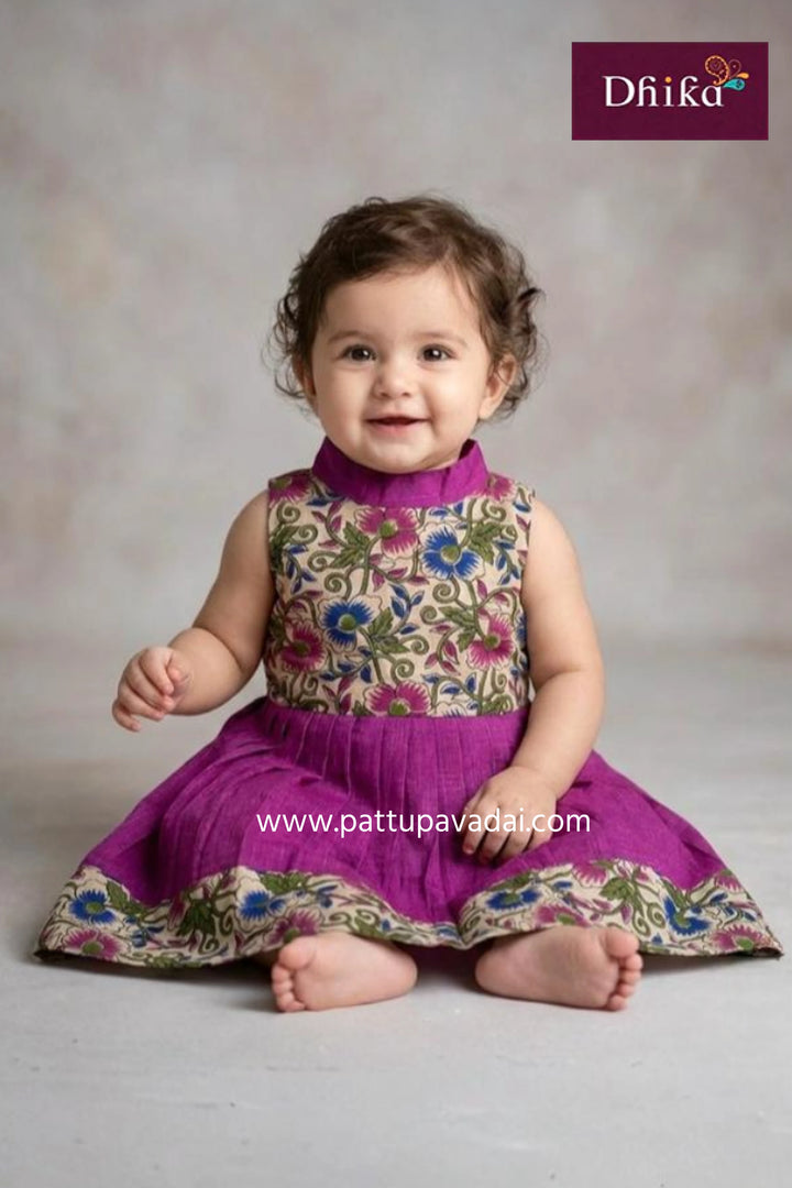 pure cotton frock magenta with collar neck and floral yoke design for kids