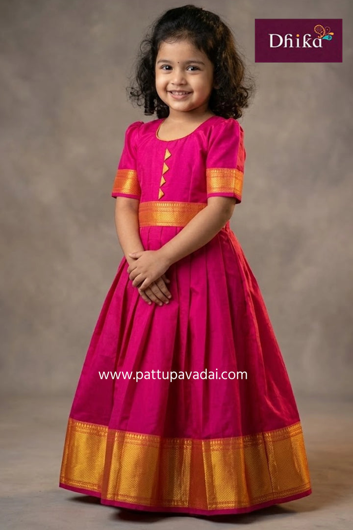 pink pure cotton long gown pattu frock style dress for baby girl inspired by pattu pavadai for kids available online at pattupavadai.com