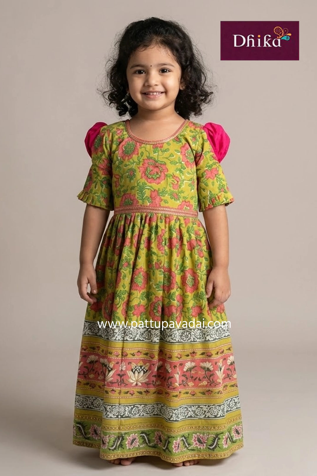 yellow and pink pure cotton long gown for kids traditional dress with puff sleeves and long border