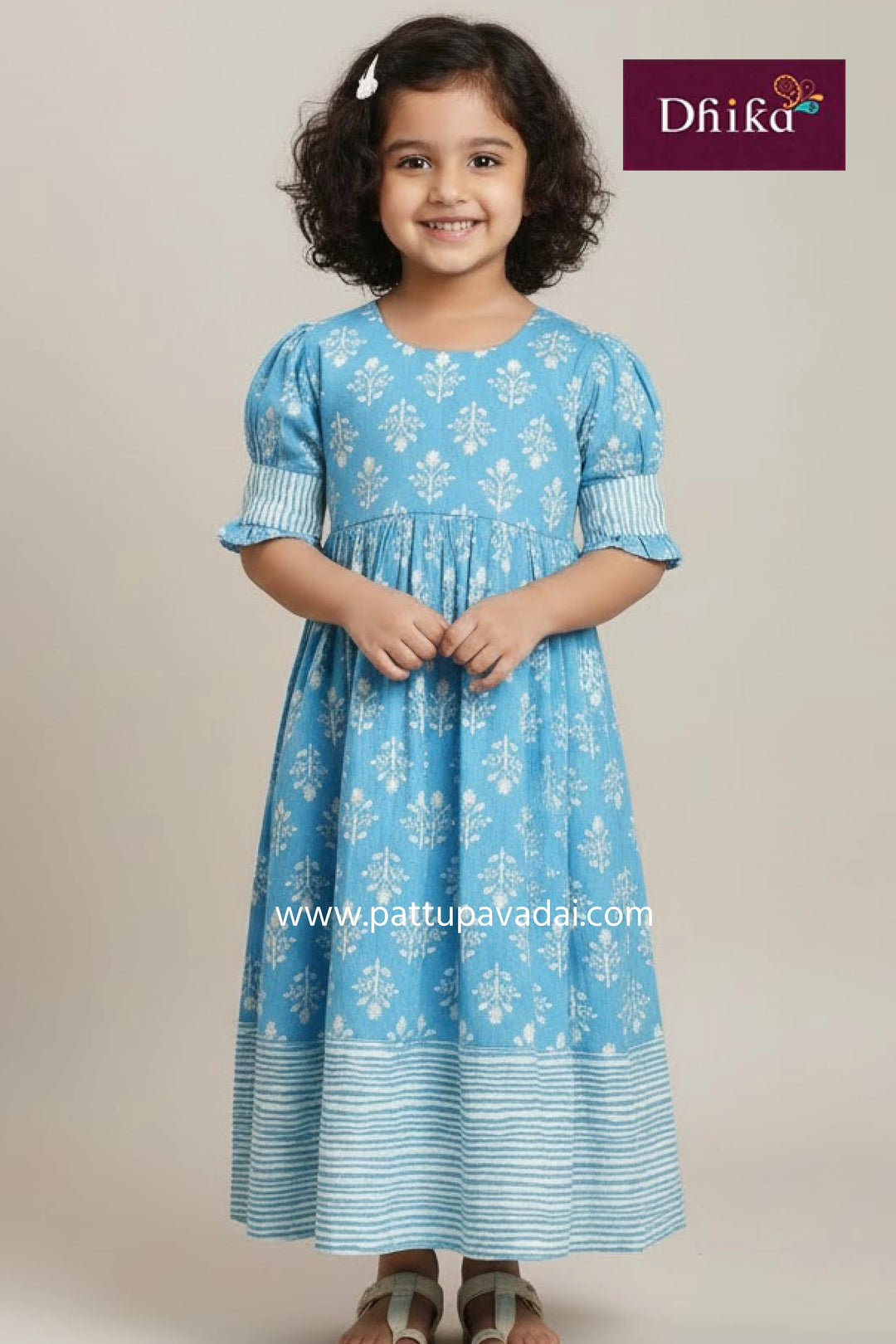 sky blue floral pure cotton long gown for kids soft breathable cotton long dress