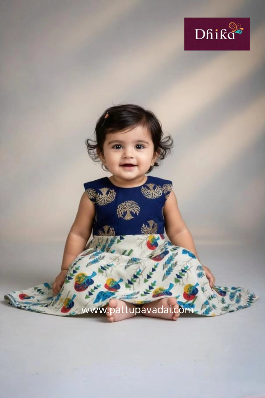 pure cotton navy blue kids long gown traditional flared cotton dress with golden tree buttas and soft inner lining