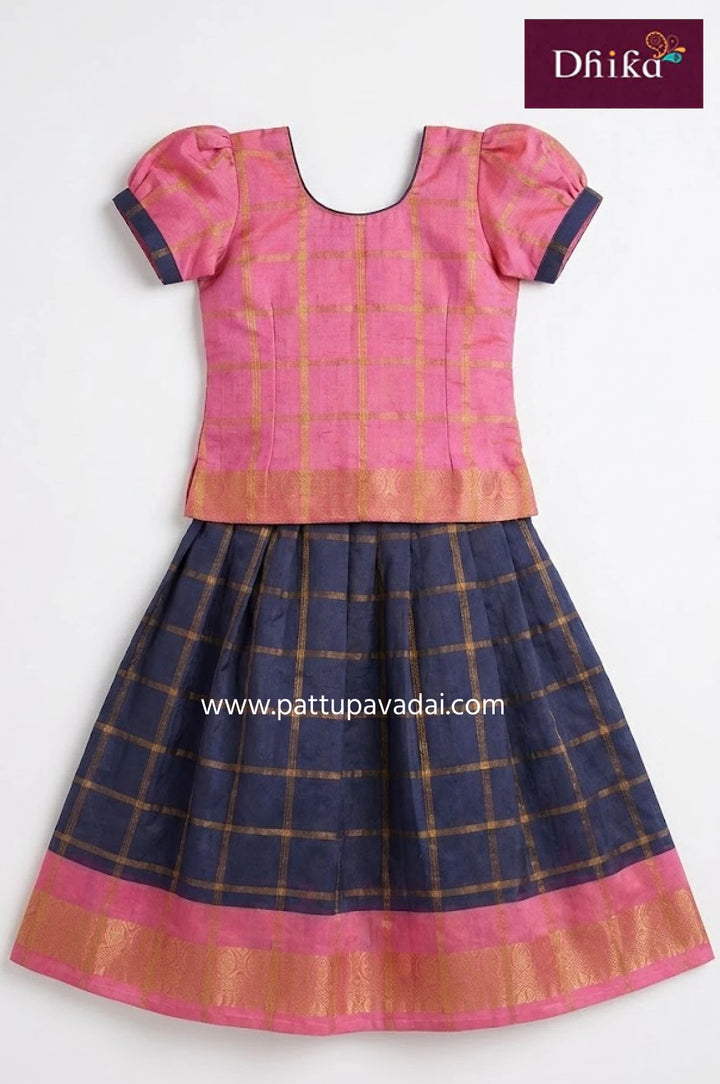 Pure Cotton Navy and Baby Pink Pavadai Sattai – Comfortable Festive Wear for Kids