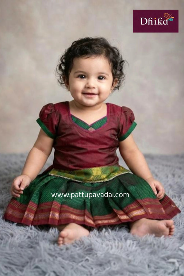 pure cotton pavadai dark green and maroon kids traditional wear with soft cotton lining and zari border from pattupavadai.com