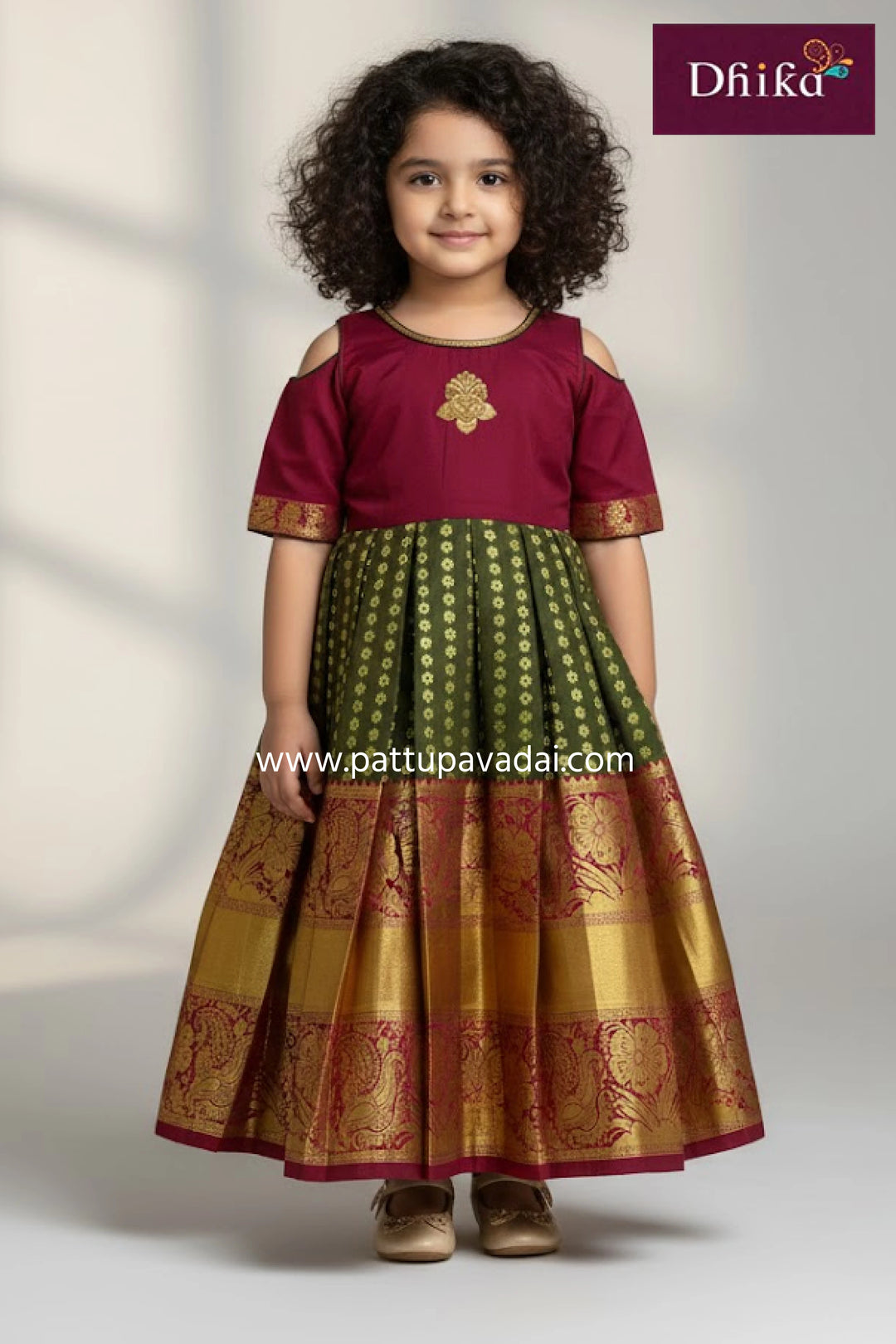 kids maroon and green pure silk long gown cold shoulder box pleated traditional festive dress with cotton inner lining