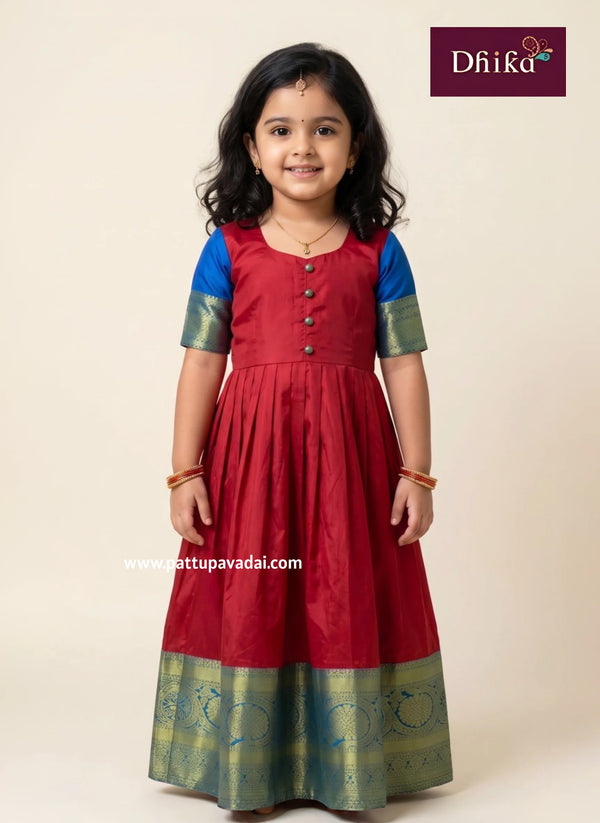 kids red and blue pure silk long gown traditional silk dress with elbow sleeves and cotton inner lining