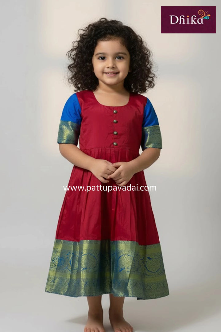 kids red and blue pure silk long gown traditional silk dress with elbow sleeves and cotton inner lining