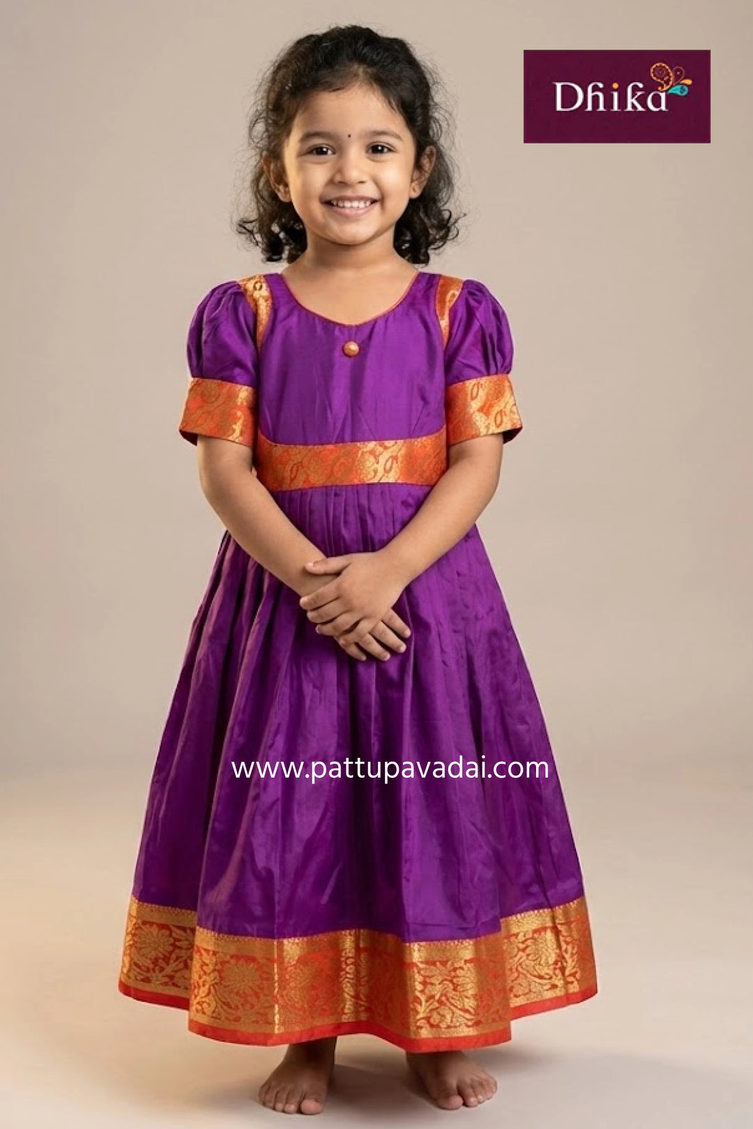 violet and orange pure silk long gown kids traditional festive silk frock with mango design