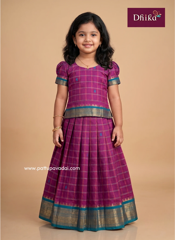 Purple and green checked pure cotton pavadai sattai for girls