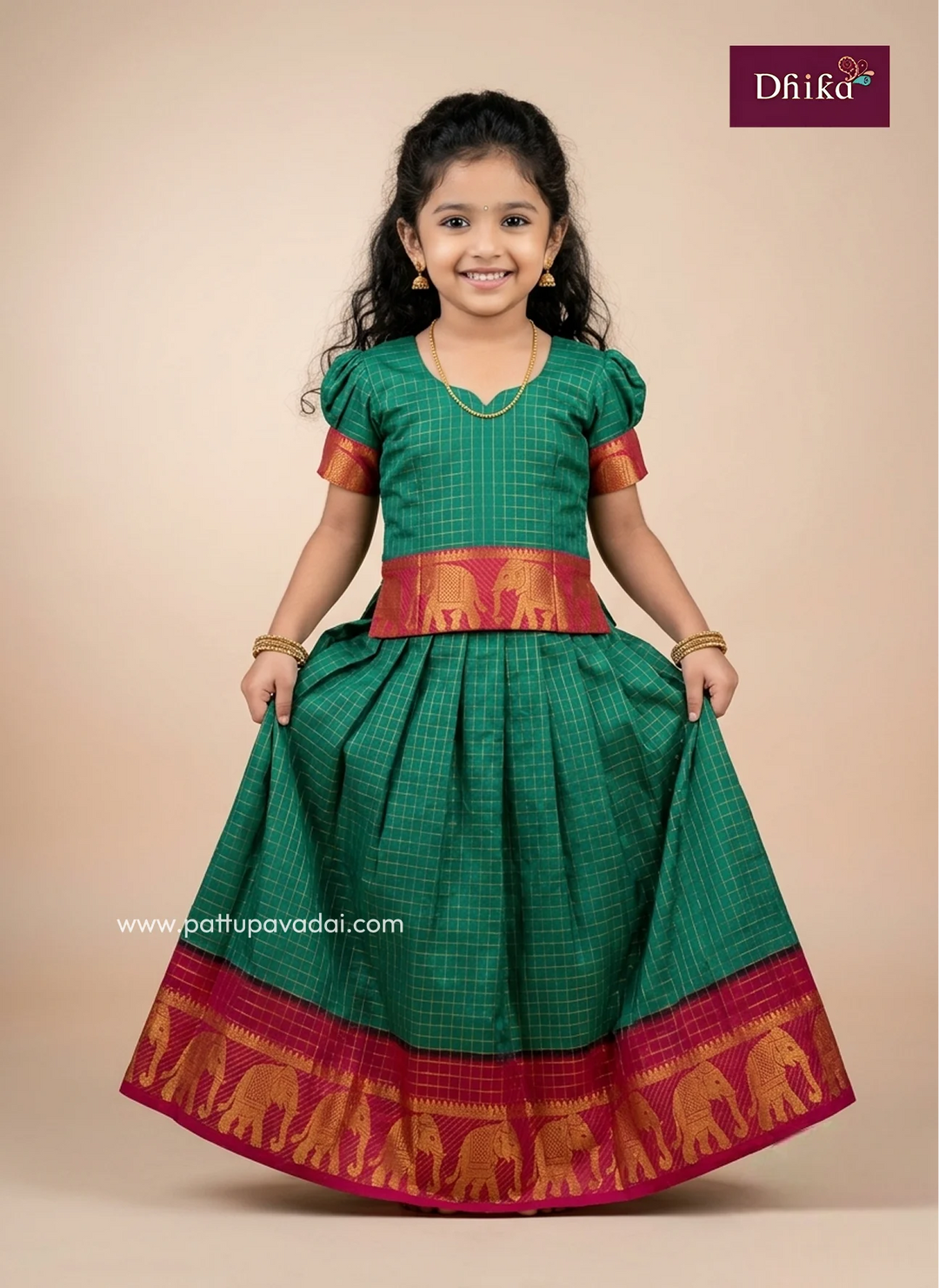 Girls Rama green and pink checked cotton pattu pavadai