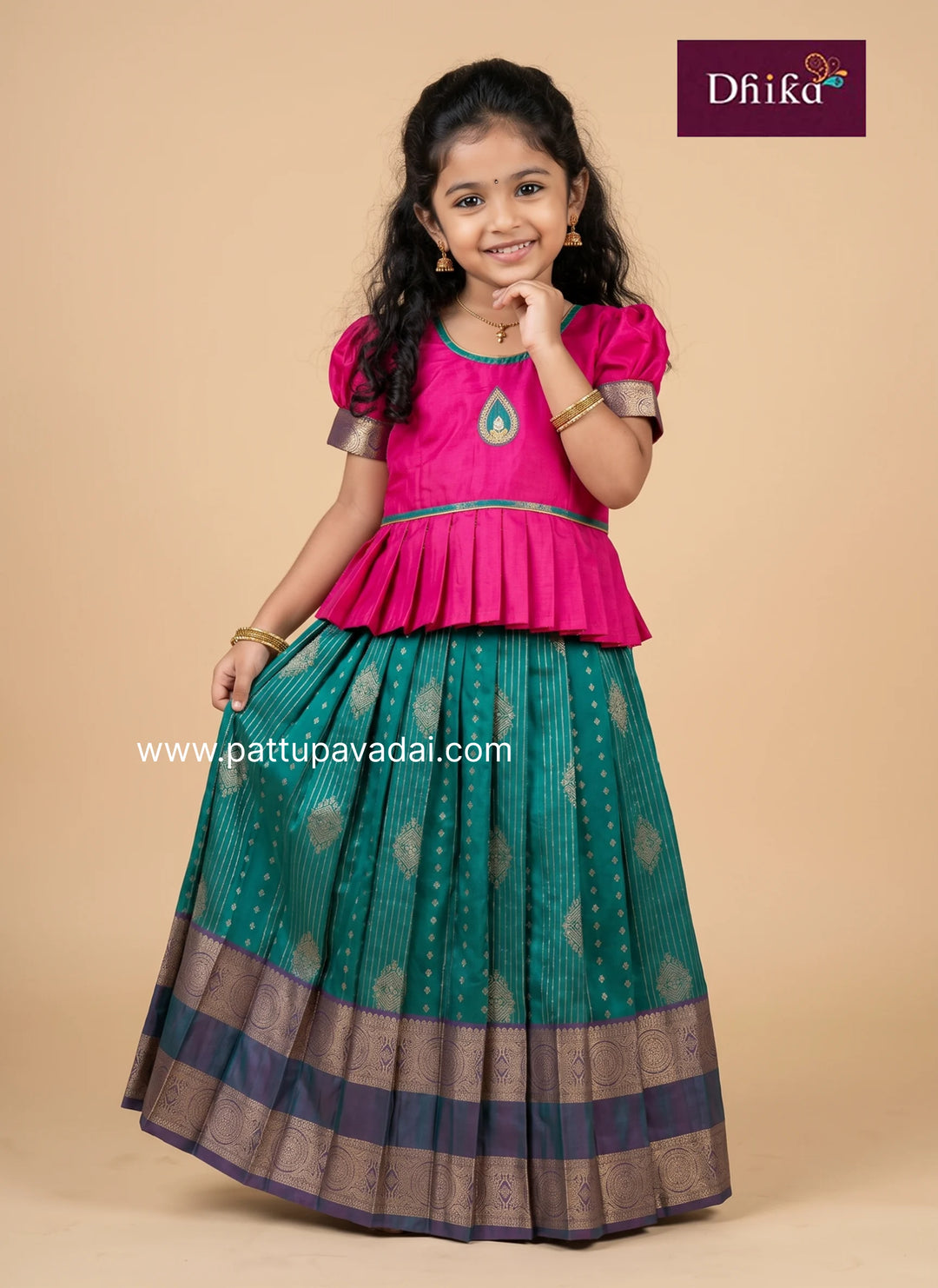 rama green soft silk pavadai with pink colour combination for girls
