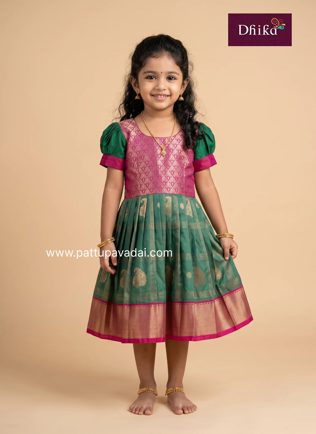 rama green semi kanchipuram frock with pink detailing for kids