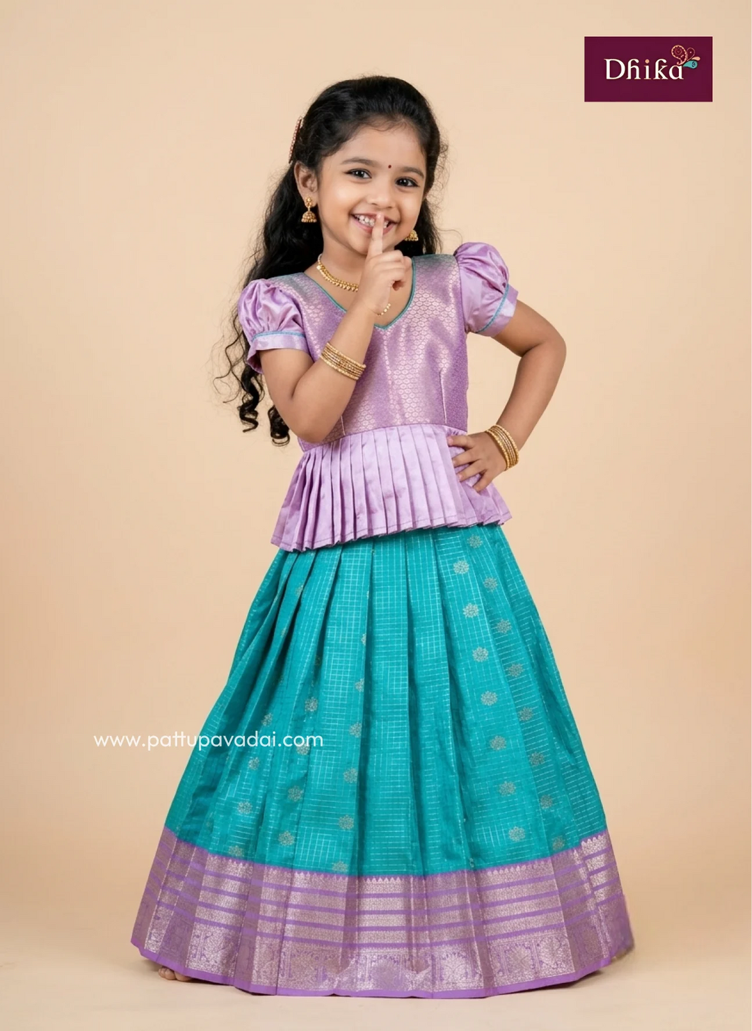 rama green and lavender semi kanchi pattu pavadai for girls