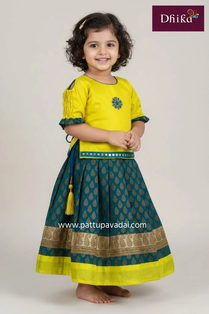 rama green and yellow brocade fancy langa set for kids elbow sleeve festive wear