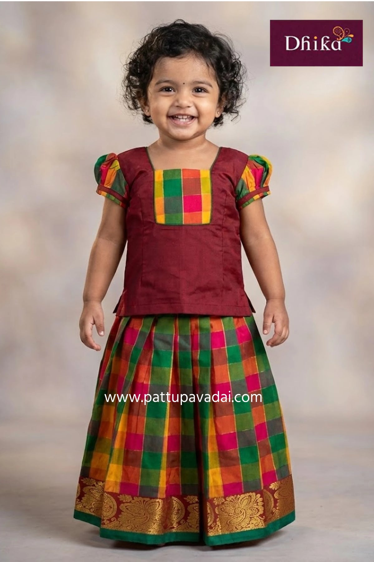 raw silk checked pavadai red and green traditional pattu pavadai for kids online from pattupavadai.com