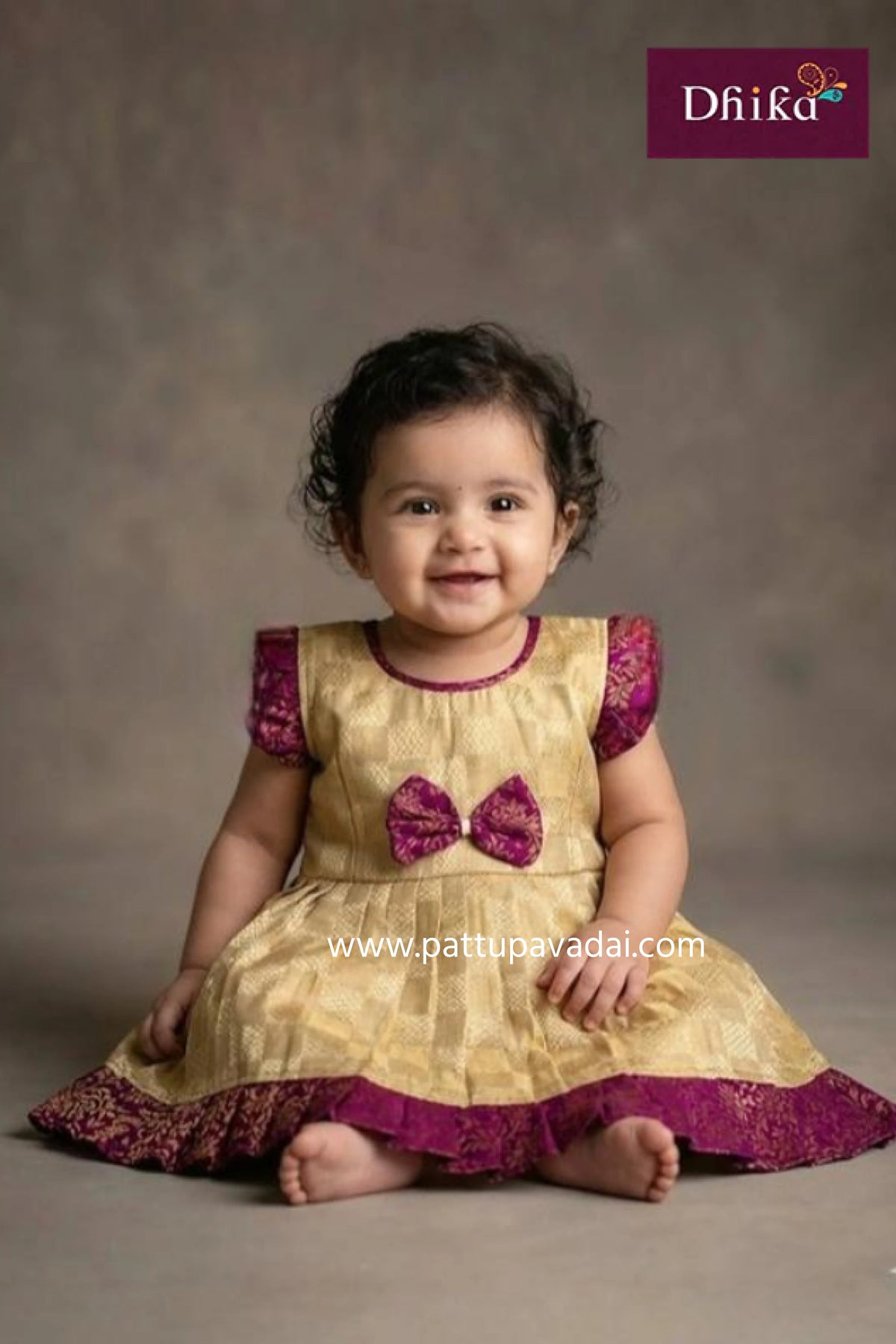raw silk checked cream and magenta kids festive traditional frock with zari border and cotton lining from pattupavadai.com
