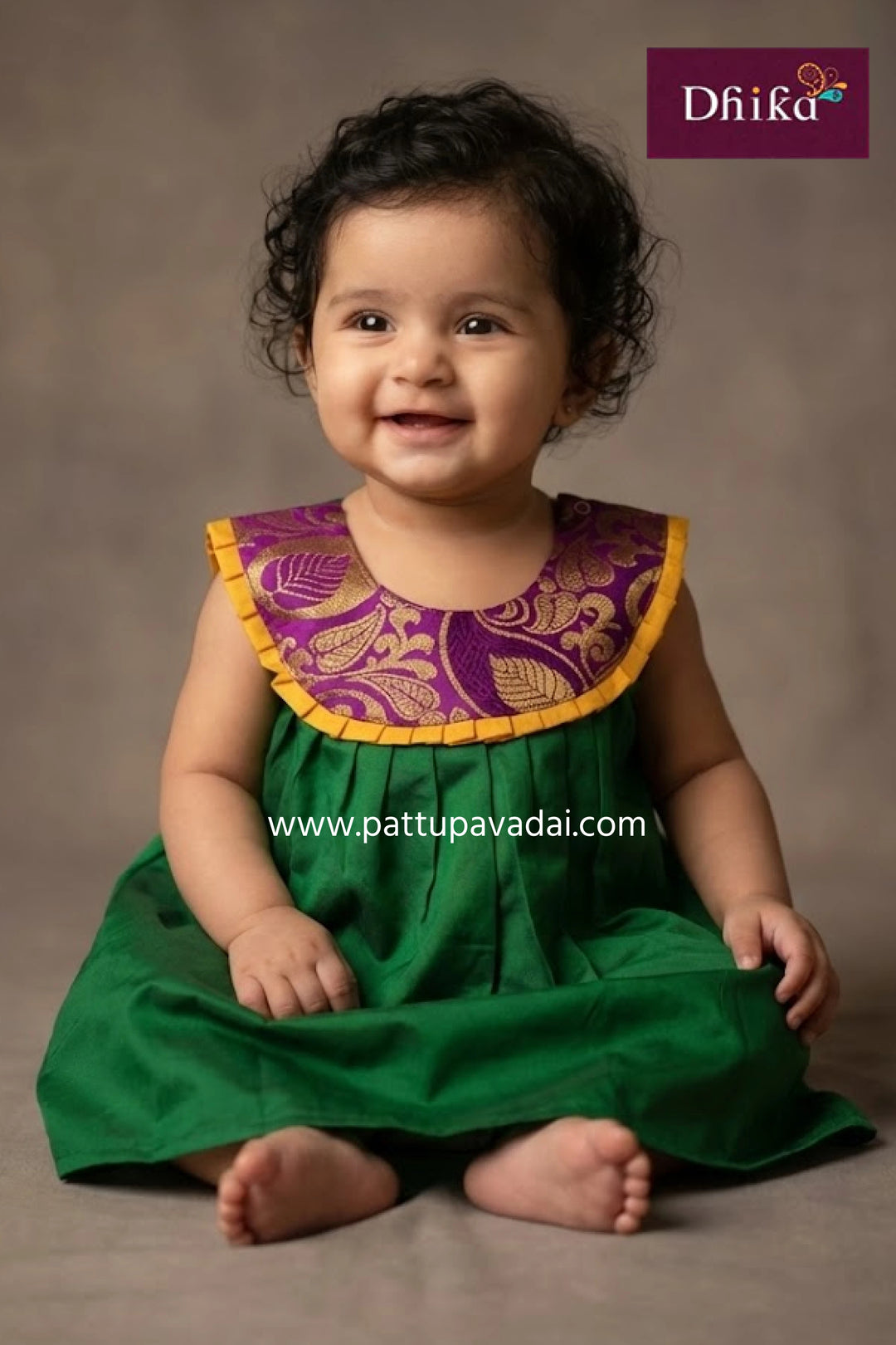raw silk frock green and pink lace handwork traditional festive wear for kids from pattupavadai.com