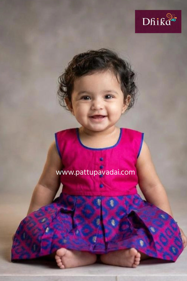 pink and blue raw silk kids frock with silver butta design festive traditional wear from pattupavadai.com