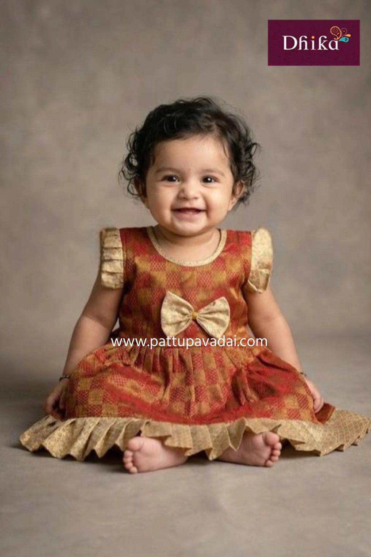 raw silk frock red and golden checked silk festive wear for kids from pattupavadai.com