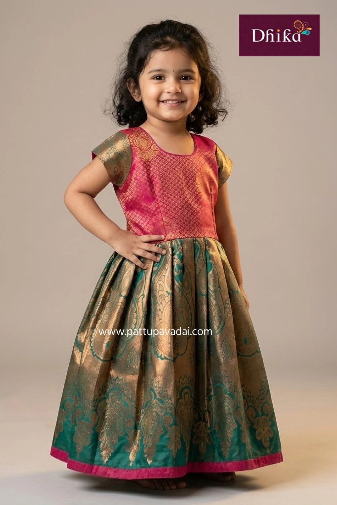 Red & Green Grand Silk Frock for Girls | Kids Party Wear Dress
