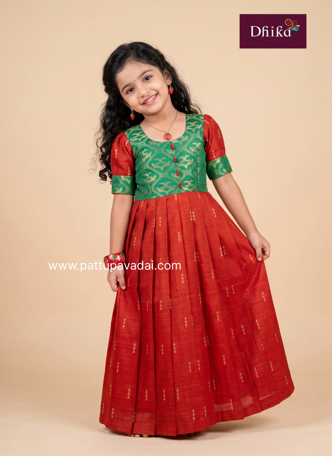 Girls red and green raw silk long gown for festive occasions
