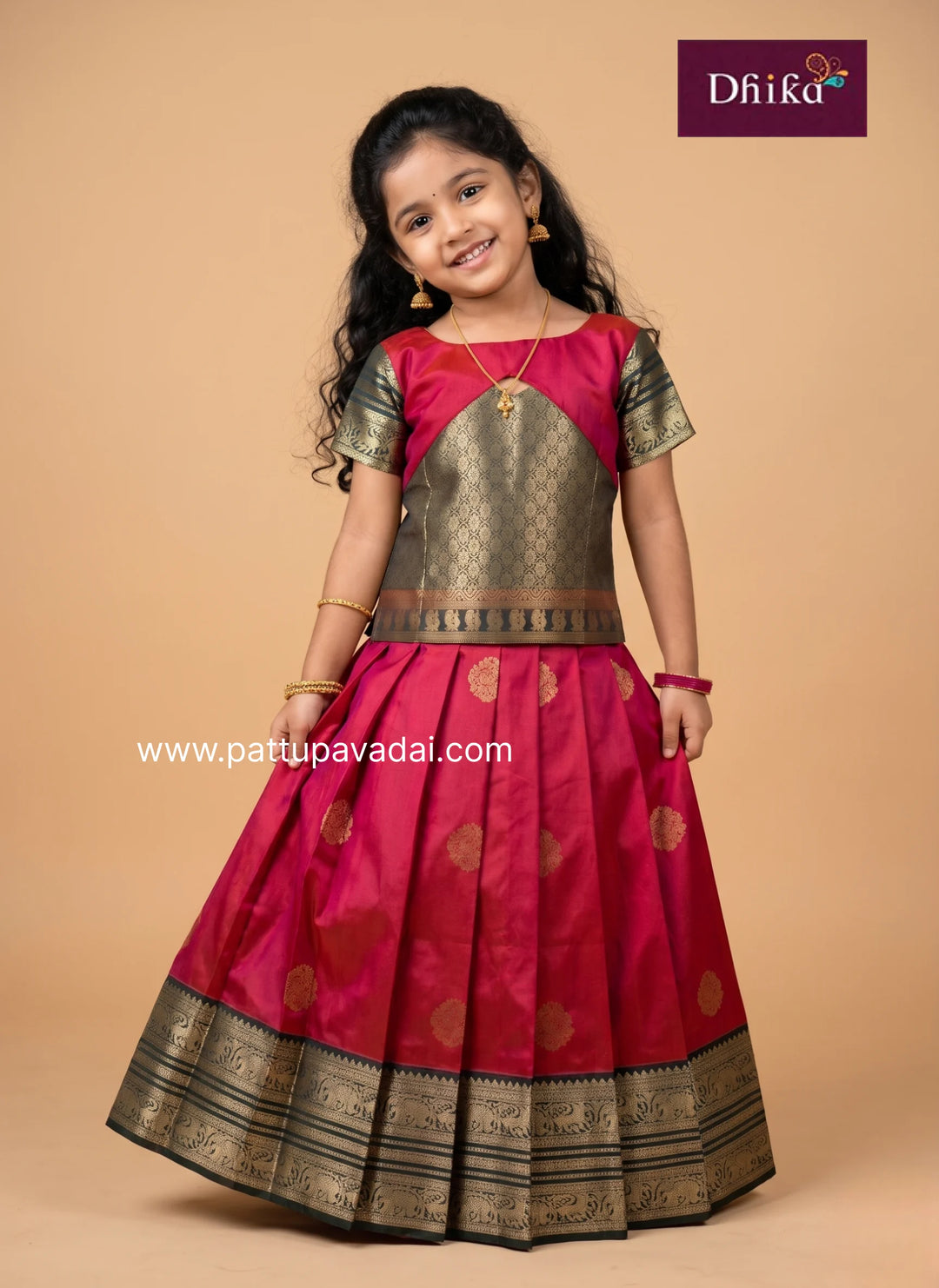 red and bottle green semi kanchi pattu pavadai for girls