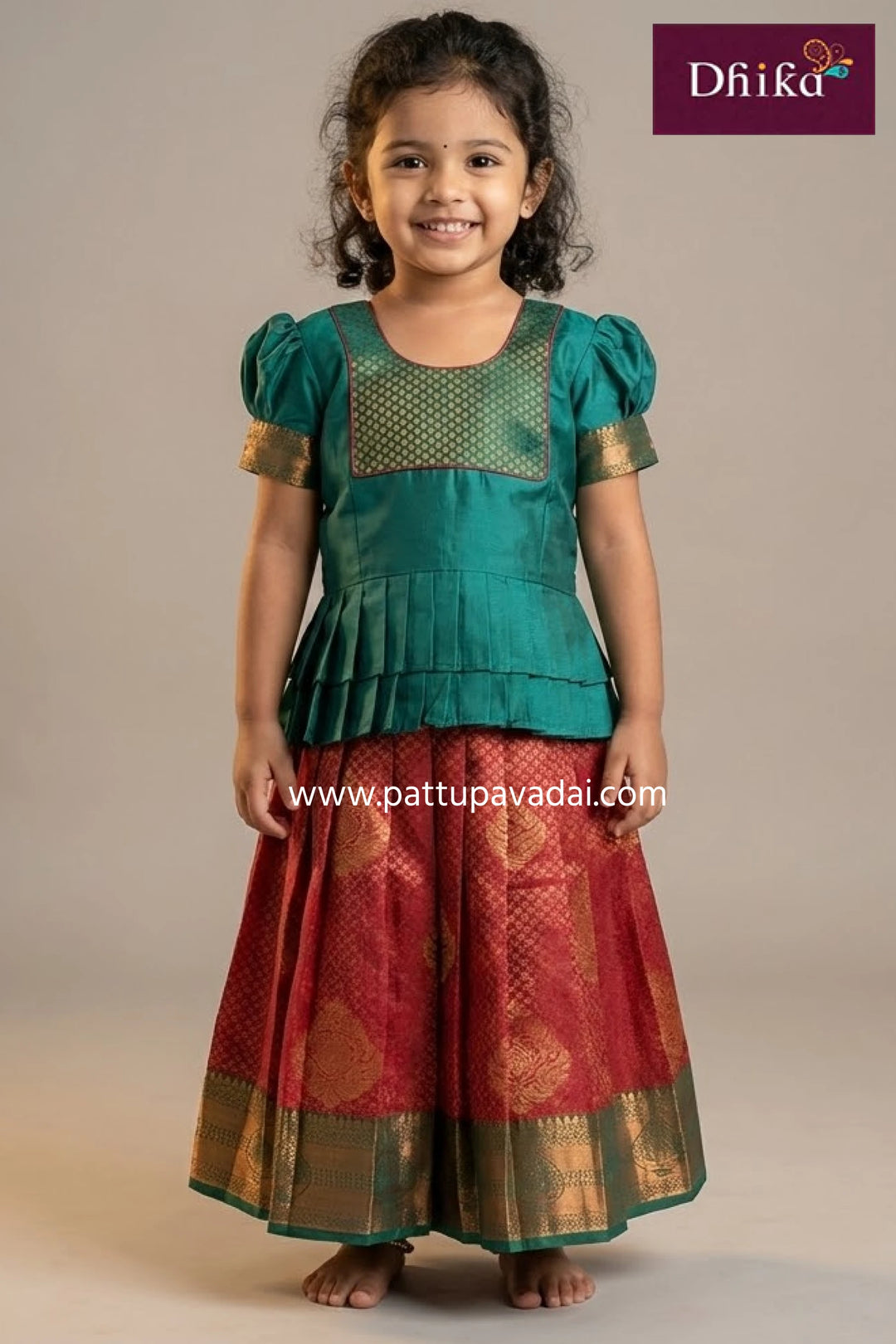 Red and Rama Green Pattu Pavadai – Traditional Silk Ethnic Wear for Kids