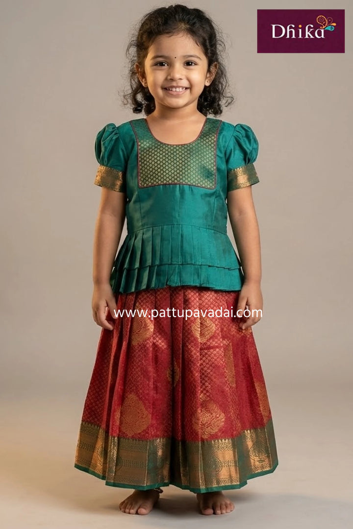 Red and Rama Green Pattu Pavadai – Traditional Silk Ethnic Wear for Kids