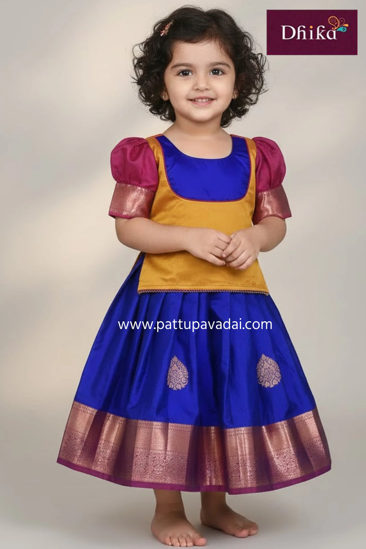 Royal Blue and Orange Soft Silk Pavadai – Traditional Silk Skirt Set for Kids