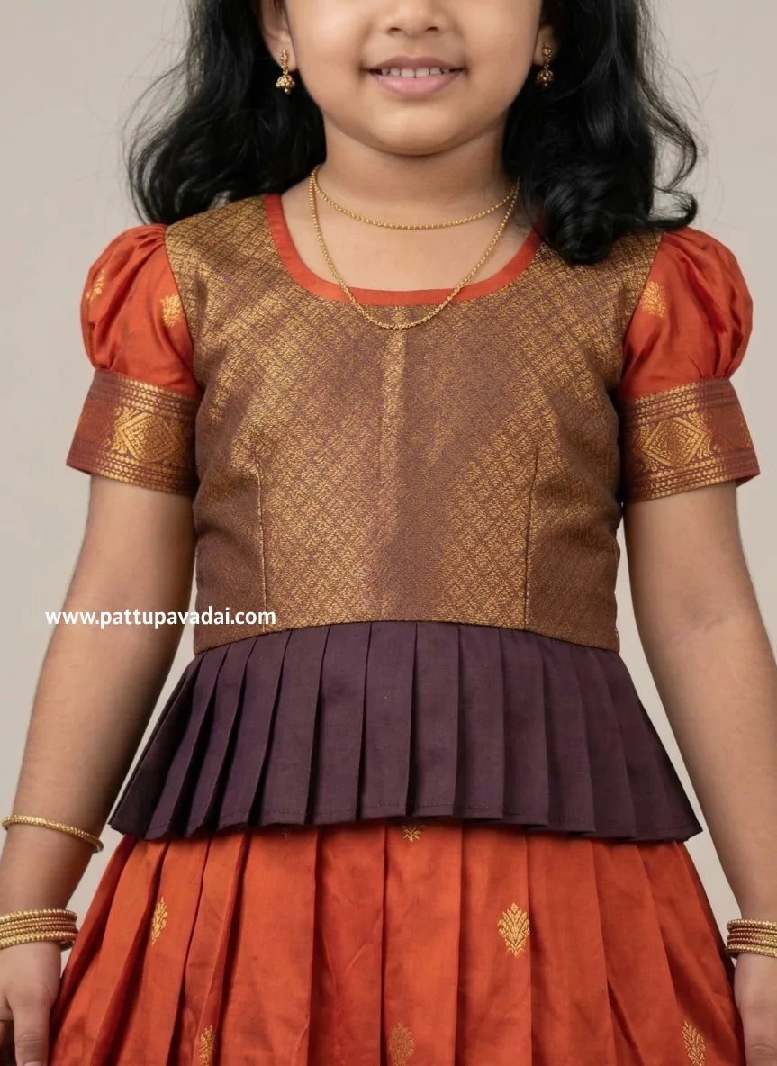 rust orange brown soft silk pavadai for girls traditional kids ethnic outfit