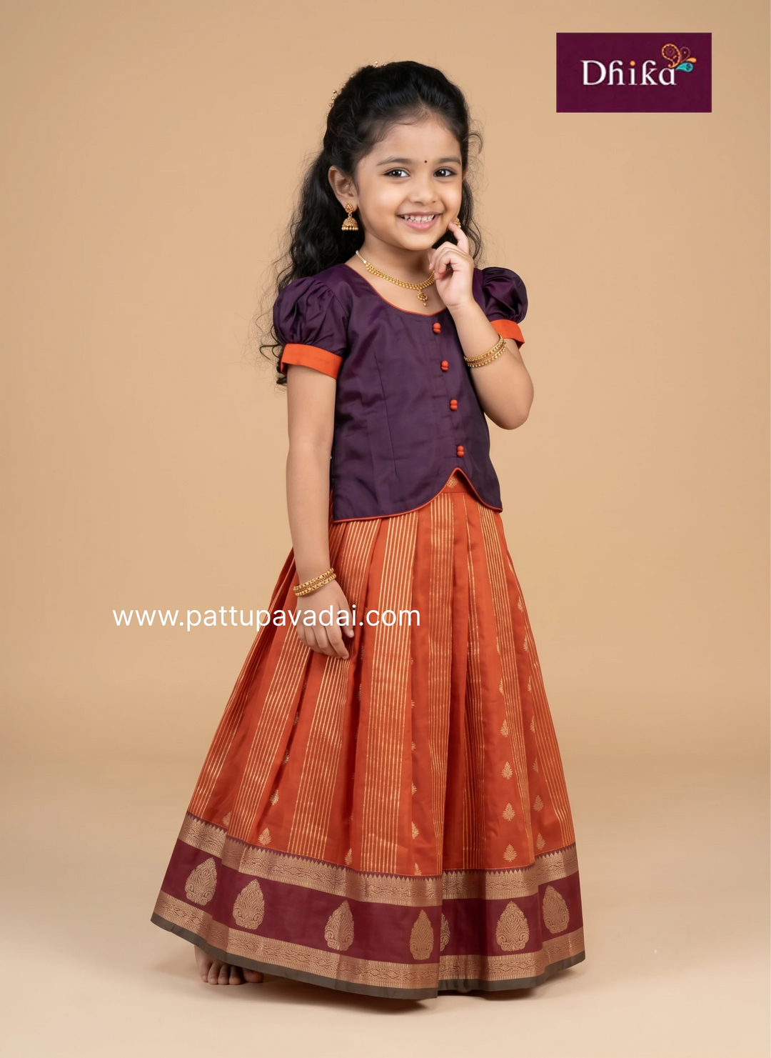 Girls rust orange and brown soft silk traditional pavadai