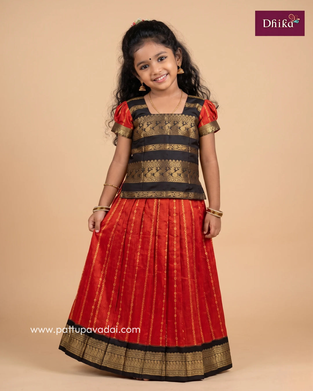 rust orange and brown cotton pattu pavadai for girls