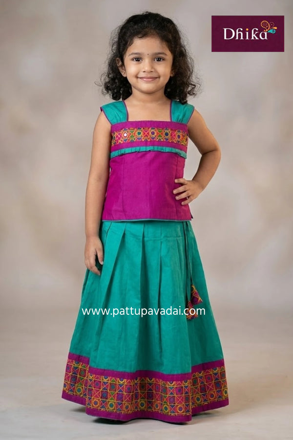 sameera fancy langa green and magenta traditional kids brocade langa set with cotton lining from pattupavadai.com