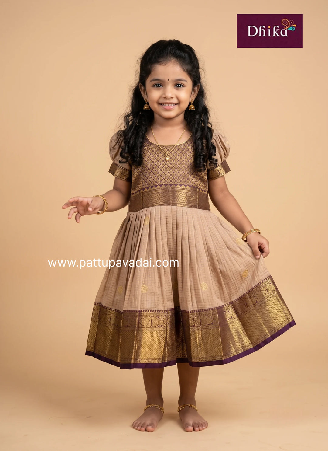 sandal semi kanchipuram frock with brown details for kids