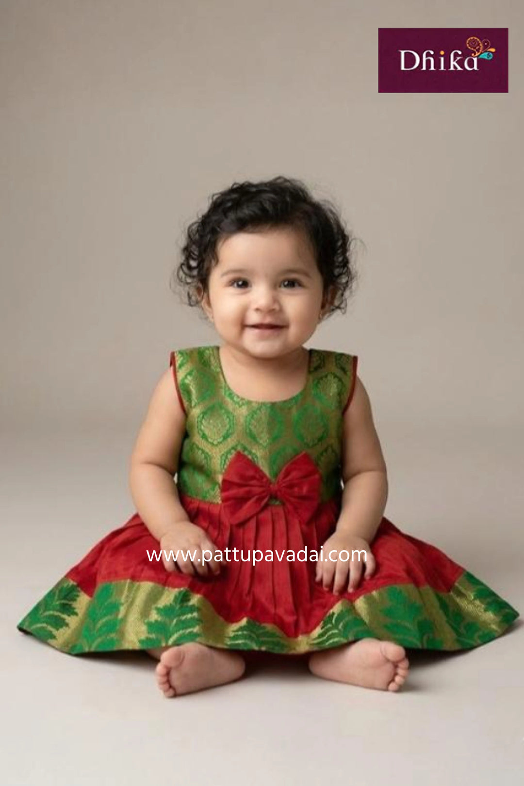 semi silk frock red and green traditional kids frock with brocade yoke and zari border from pattupavadai.com