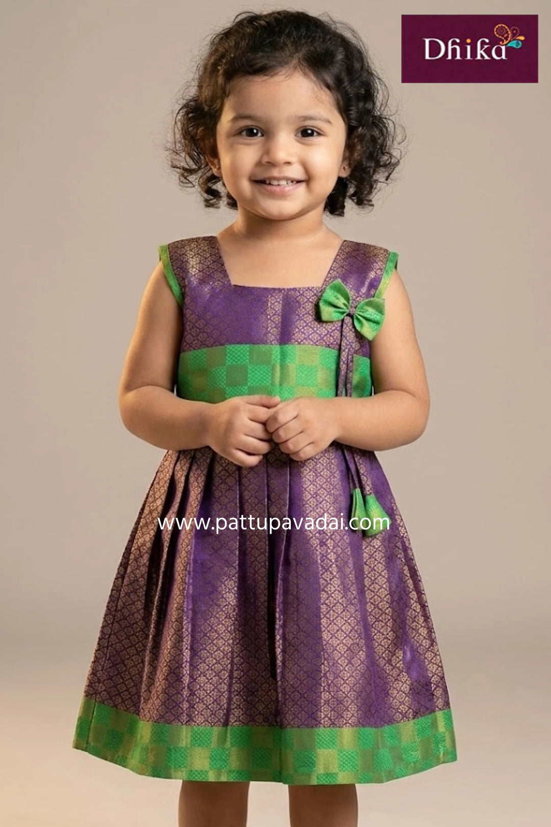 kids semi silk frock violet and green traditional festive wear with soft cotton lining