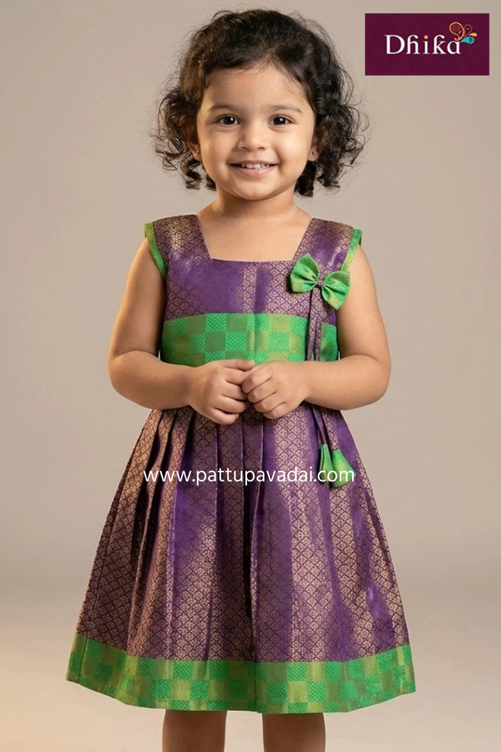 kids semi silk frock violet and green traditional festive wear with soft cotton lining