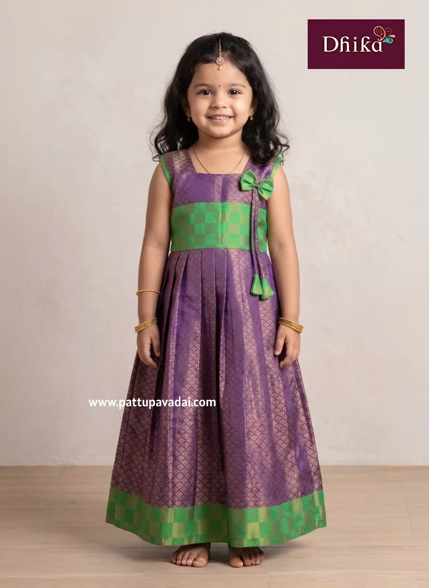 kids semi silk frock violet and green traditional festive wear with soft cotton lining