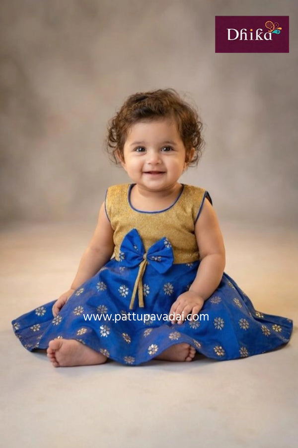 silk cotton kids ethnic frock in blue with puff sleeves and soft cotton lining, perfect for festive and traditional occasions, available online at pattupavadai.com