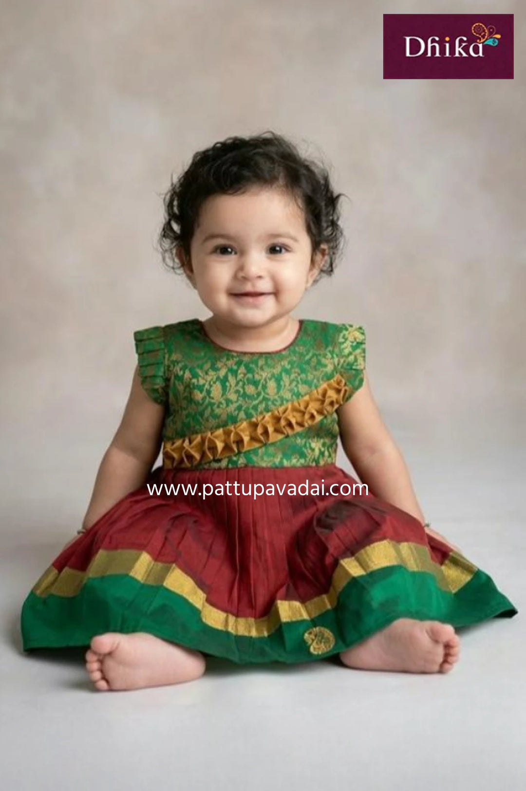 green and red silk cotton frock for kids designer festive wear