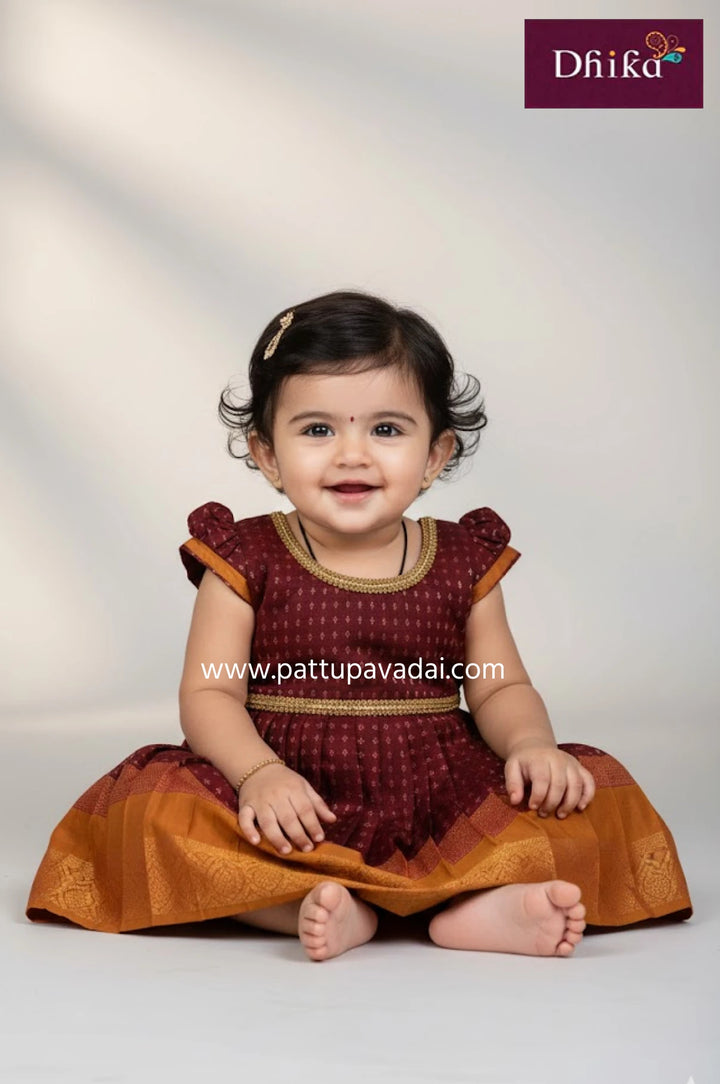 maroon silk cotton frock for kids designer puff sleeve party wear