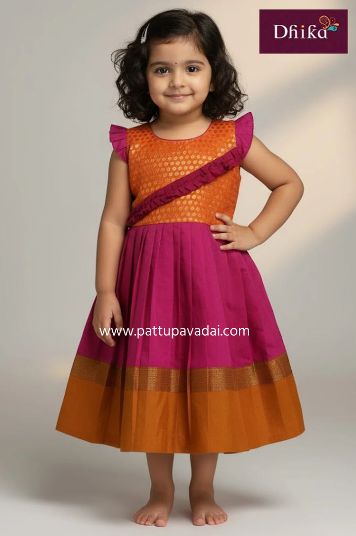 orange and pink silk cotton frock for kids designer party wear