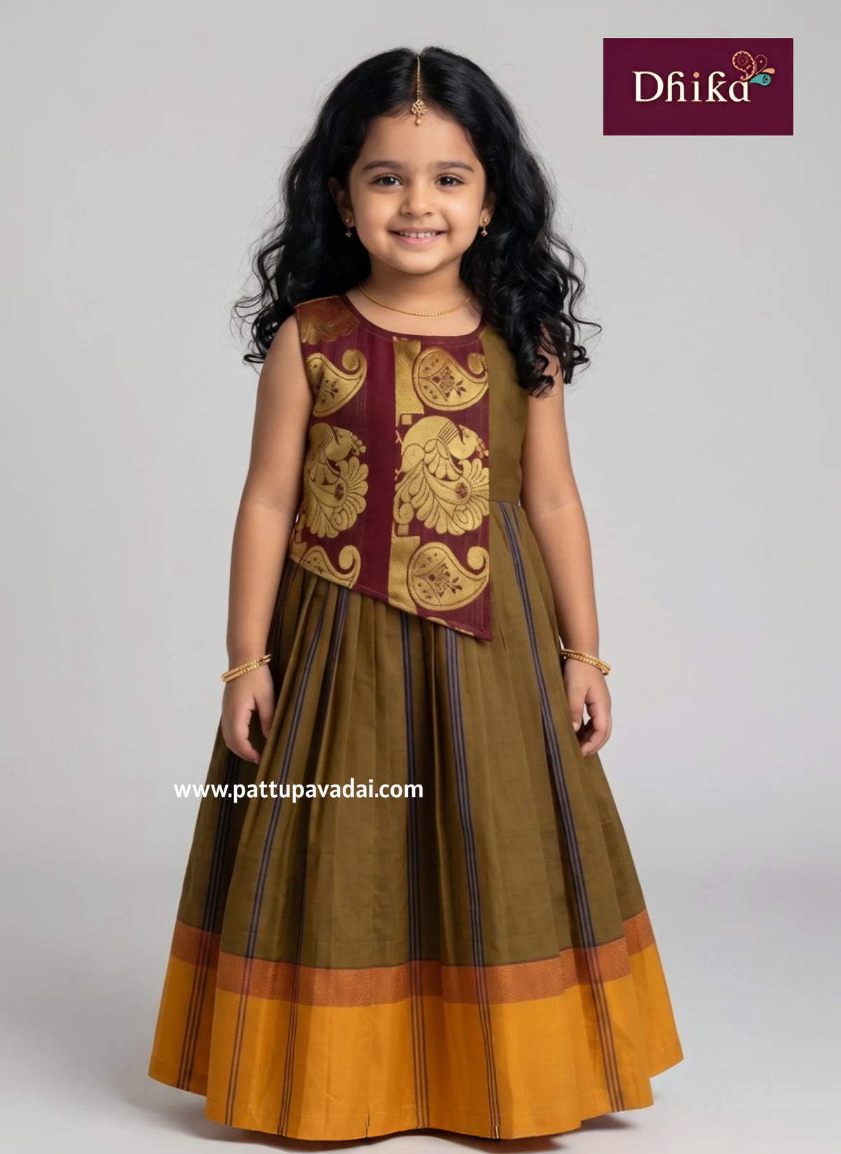 baby girls kakki silk cotton long gown traditional ethnic wear soft and breathable