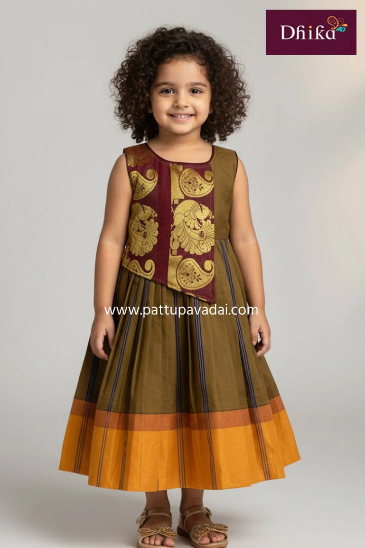 baby girls kakki silk cotton long gown traditional ethnic wear soft and breathable