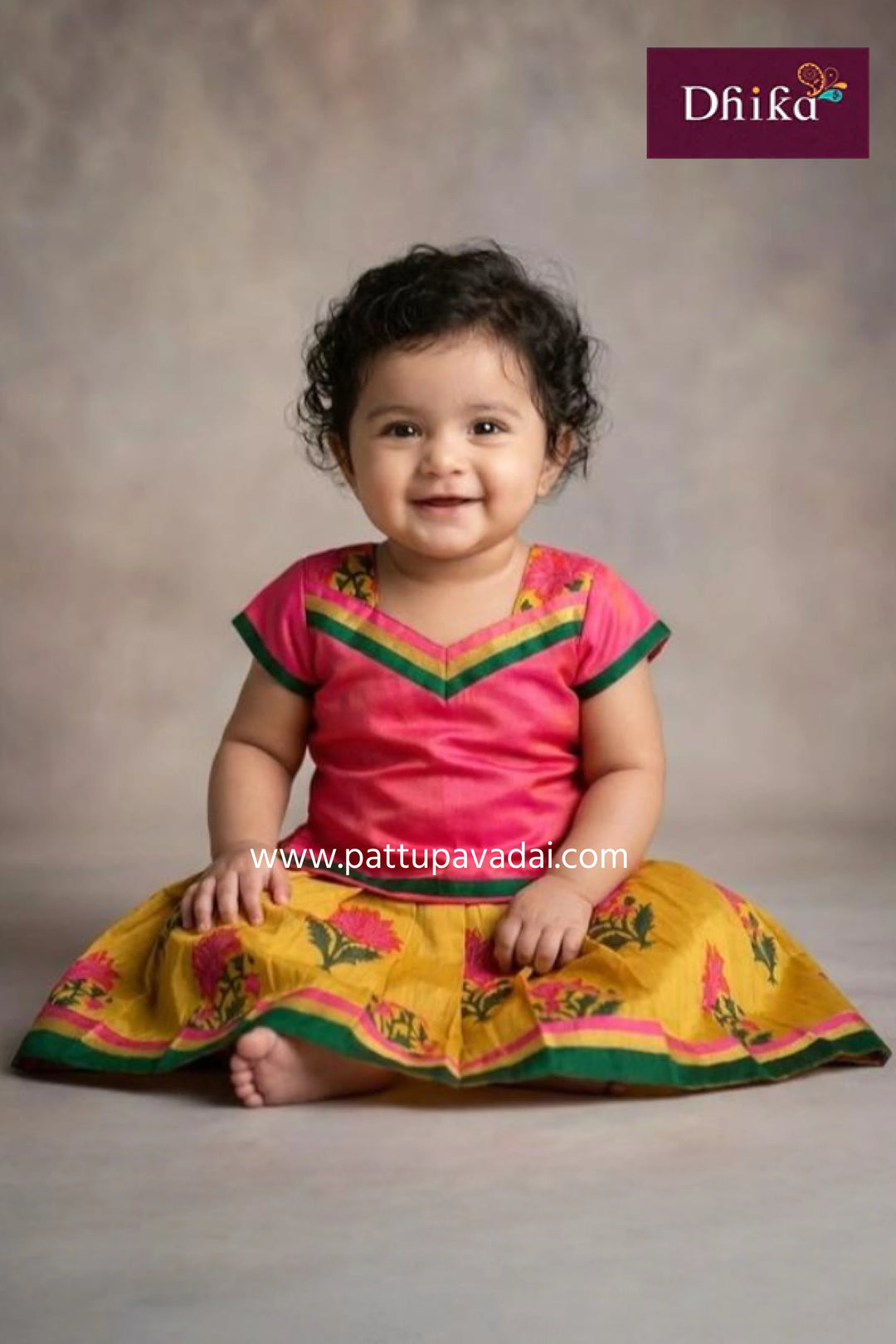 silk cotton pavadai set pink and yellow with floral skirt and patchwork blouse for kids