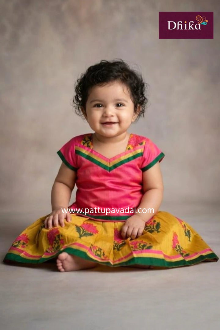 silk cotton pavadai set pink and yellow with floral skirt and patchwork blouse for kids