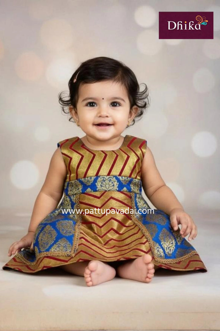 blue and maroon silk knot frock for newborn babies with cotton lining from pattupavadai
