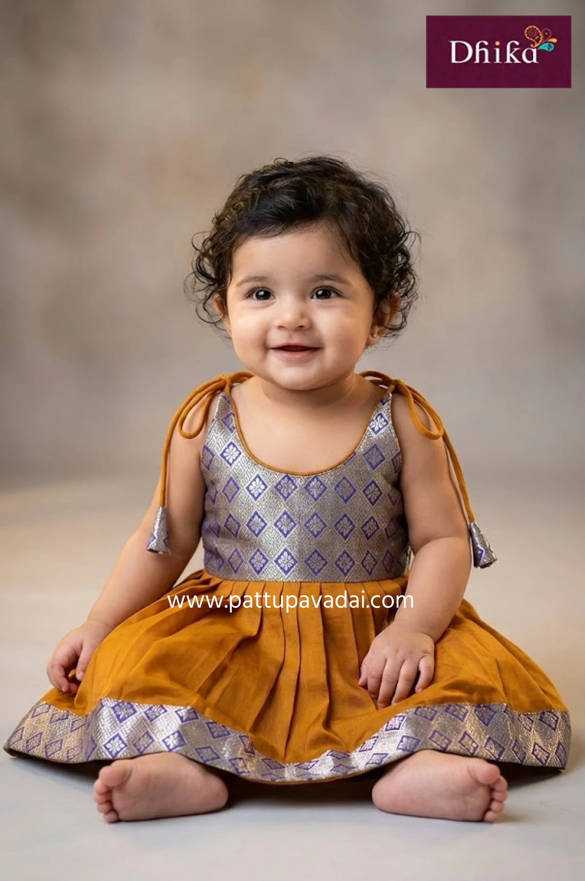 mustard and blue silk knot frock for kids elegant party wear