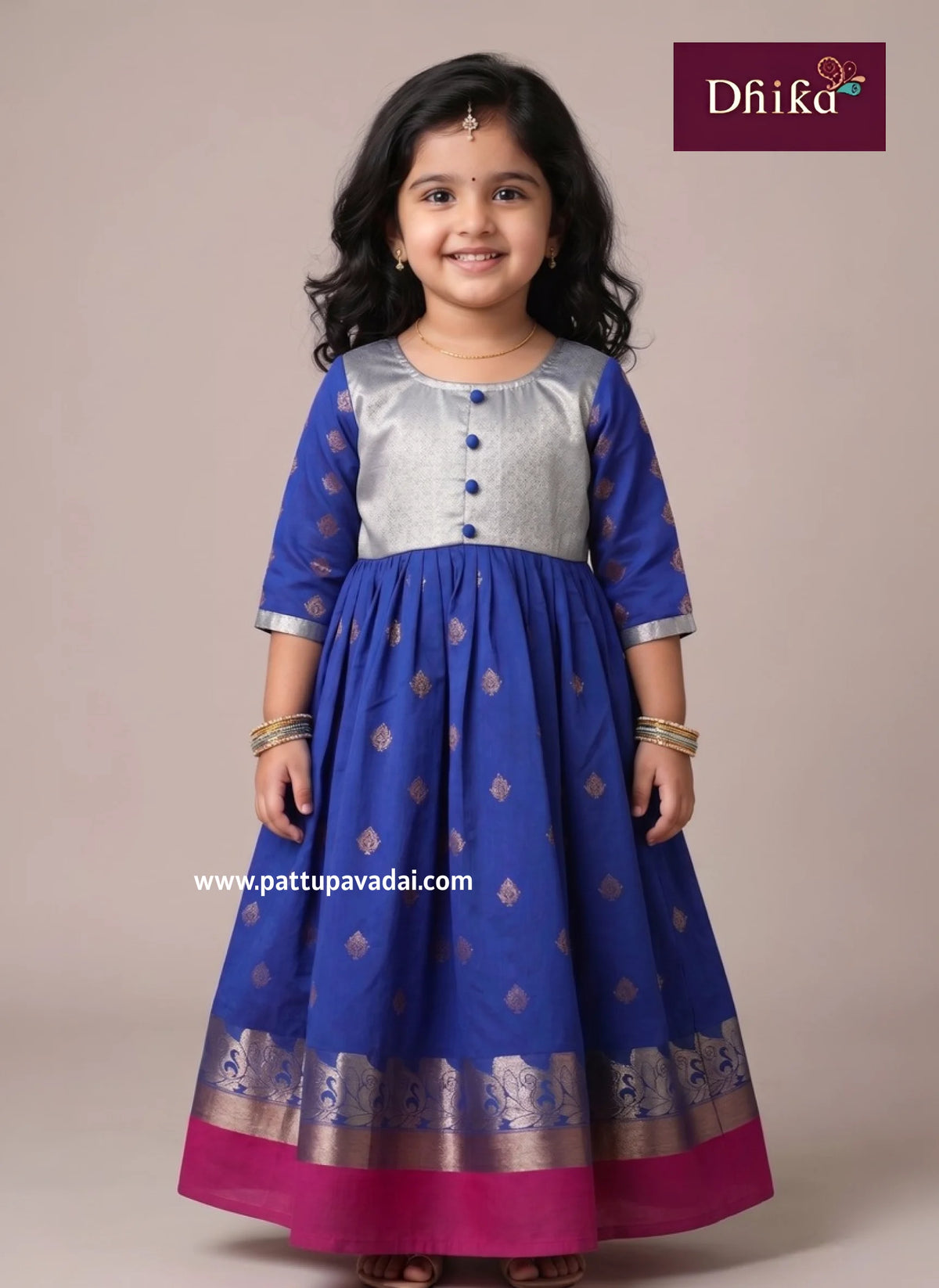 blue and grey kids silk long gown baby girl festive wear with pink brocade yoke and cotton lining